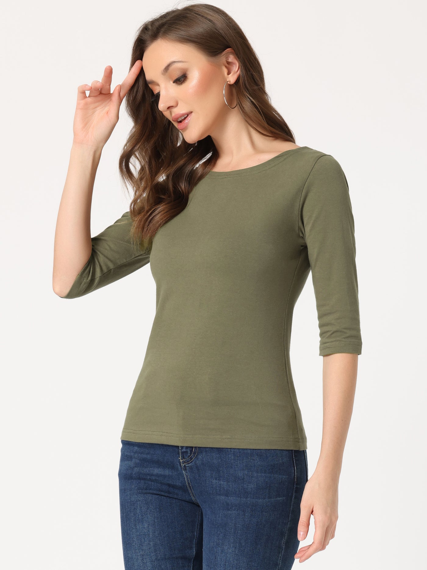 Allegra K Casual Boat Neck Elbow Sleeve Solid Basic T-shirt