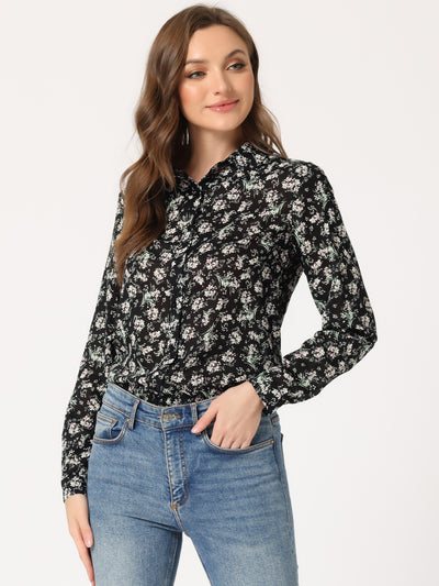 Button Down Floral Shirt Blouse Long Sleeve Point Collar Top