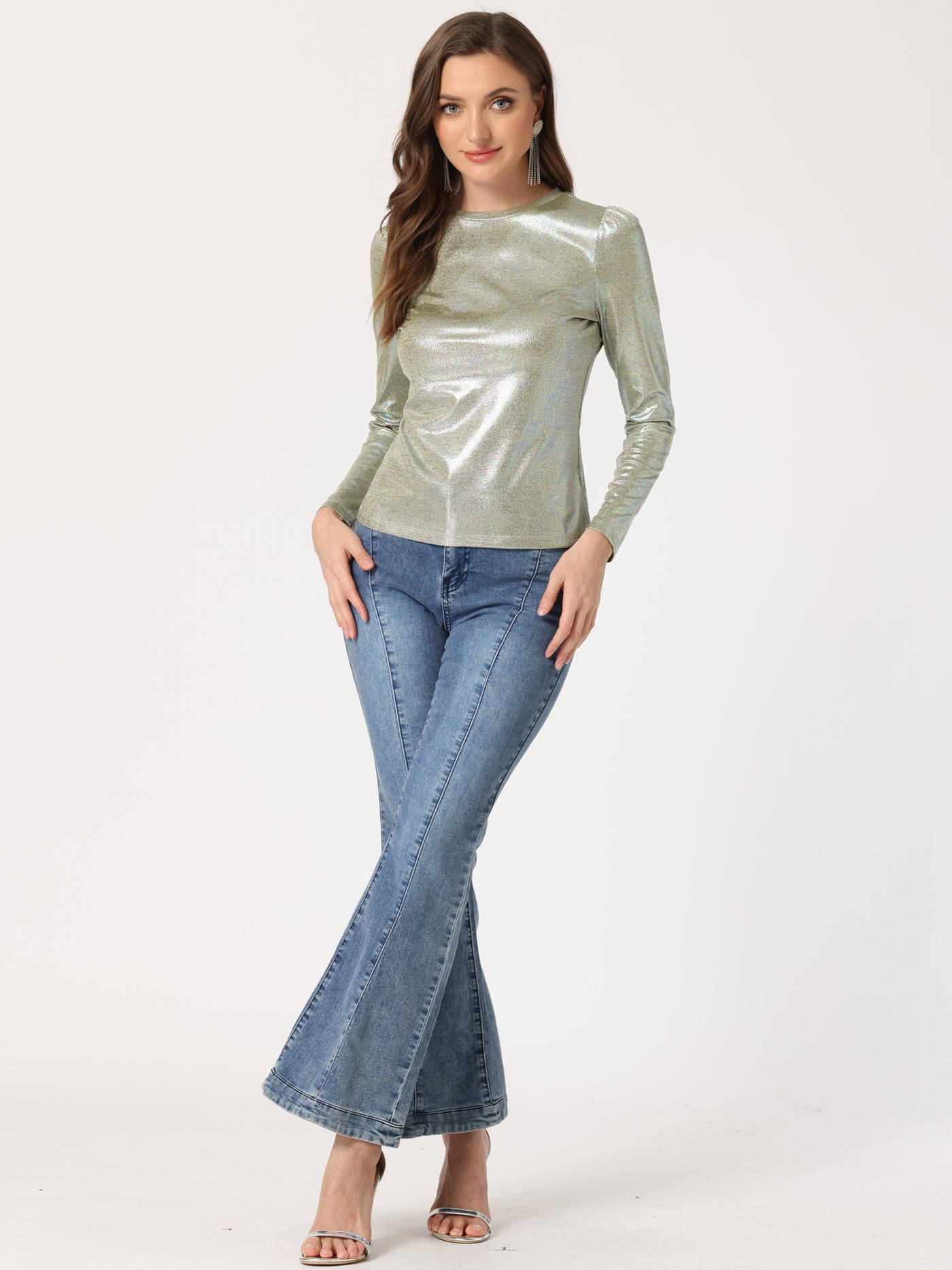 Allegra K Long Sleeve Sparkly Party Glitter Shiny Metallic Shirt