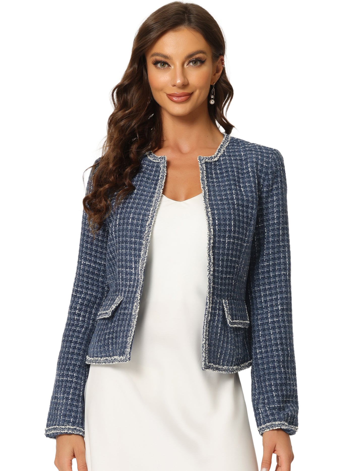 Allegra K Plaid Tweed Blazer Long Sleeve Open Front Work Office Short Jacket