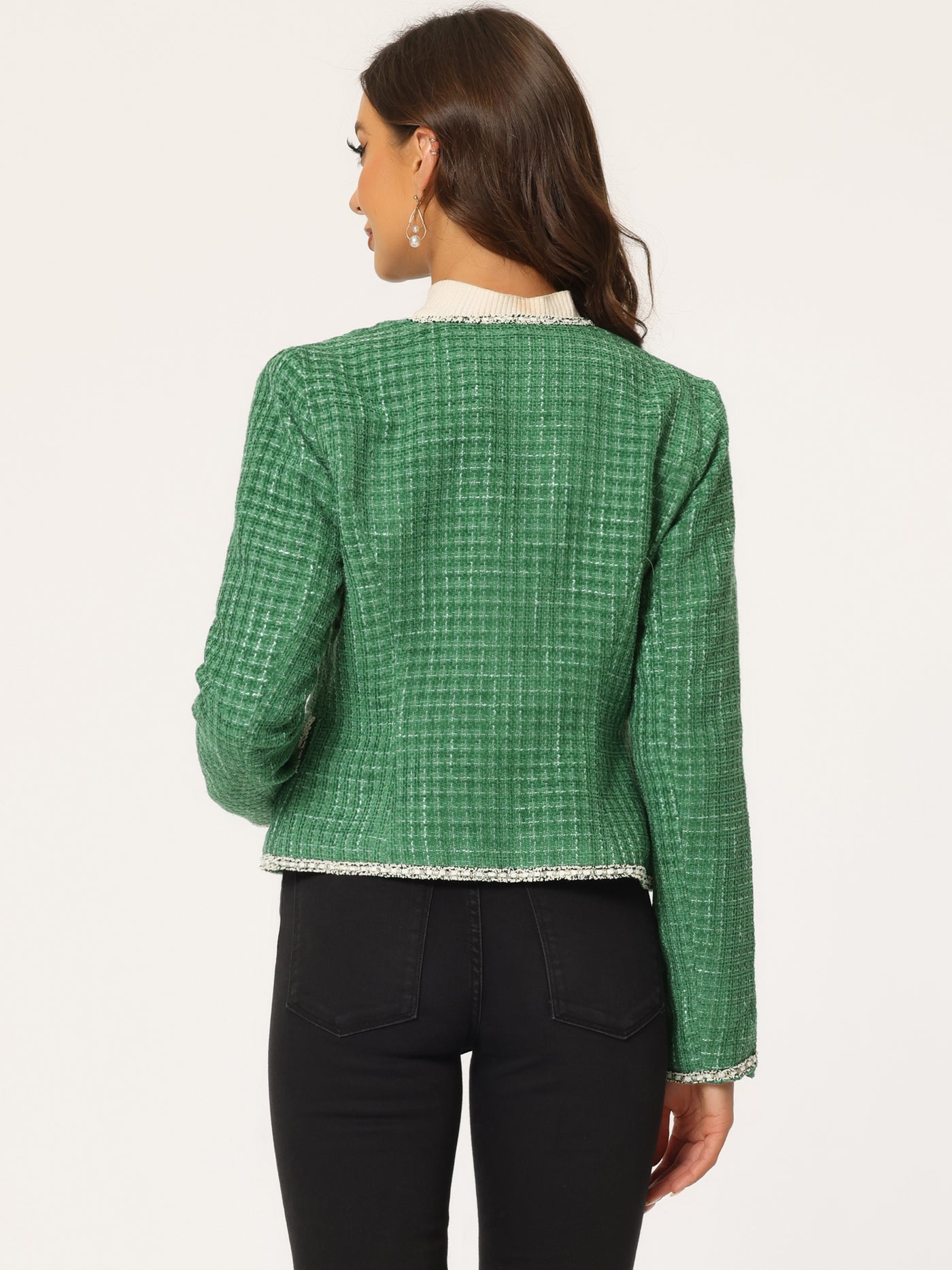 Allegra K Plaid Tweed Blazer Long Sleeve Open Front Work Office Short Jacket