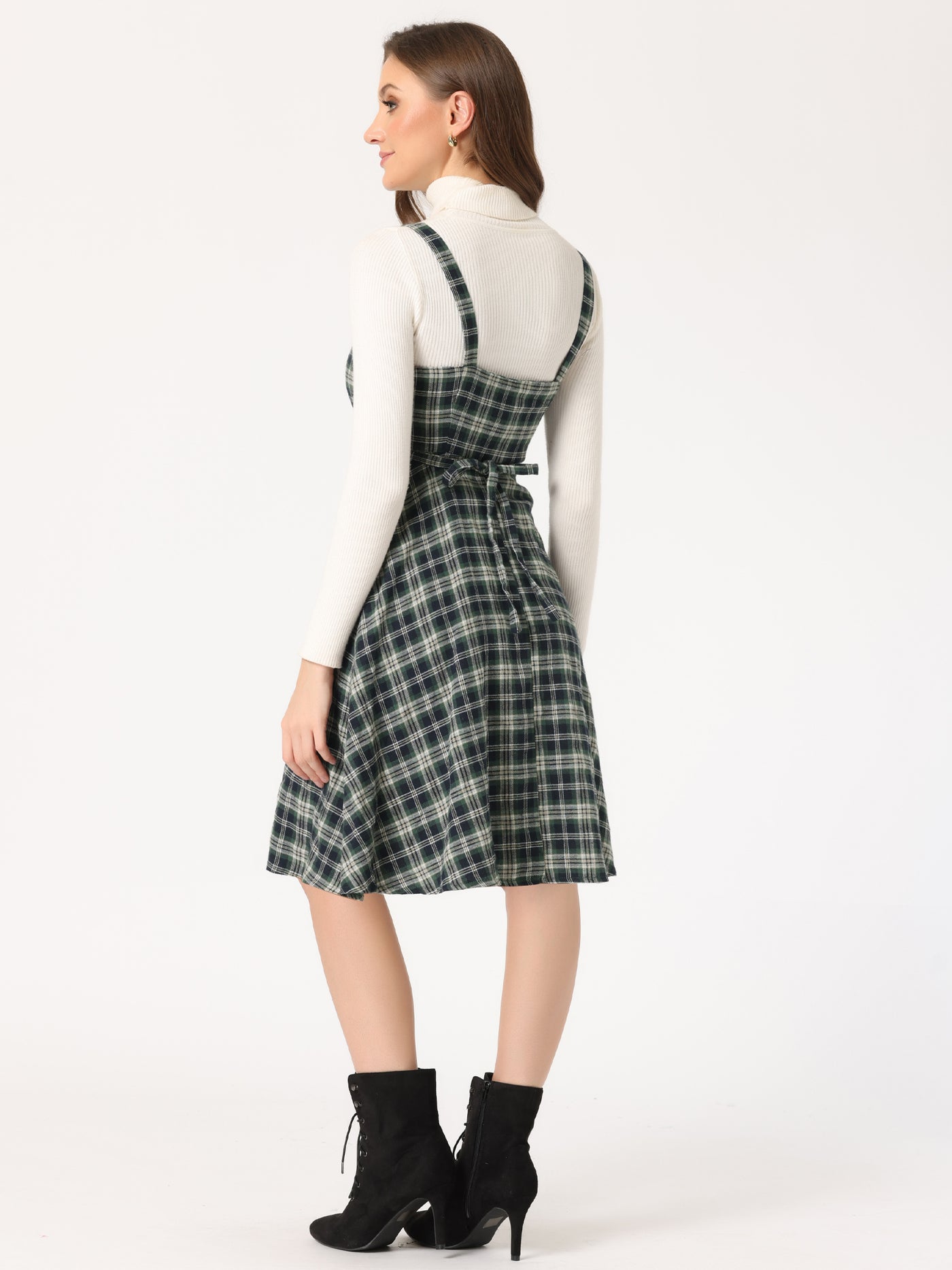 Allegra K Plaid Vintage Sleeveless Tie Waist A-Line Overall Pinafore Dress