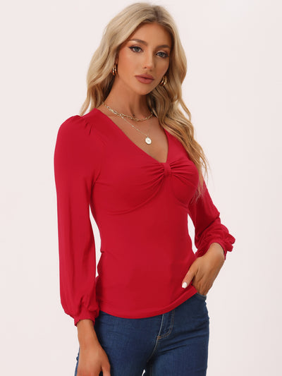 V Neck Long Lantern Sleeve Bow Ruched Front Soft Fitted Blouse