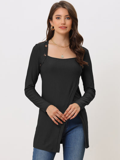 Long Sleeve Square Neck Button Side Slit Ribbed Knit Tunic Shirt