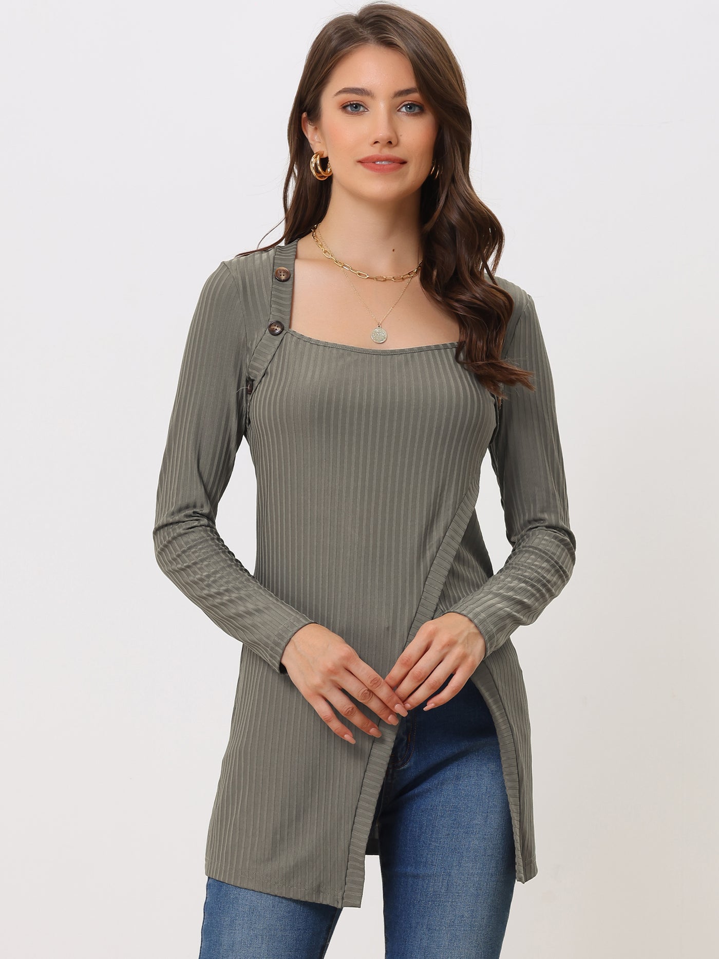 Allegra K Long Sleeve Square Neck Button Side Slit Ribbed Knit Tunic Shirt