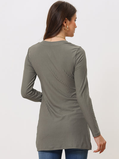 Long Sleeve Square Neck Button Side Slit Ribbed Knit Tunic Shirt