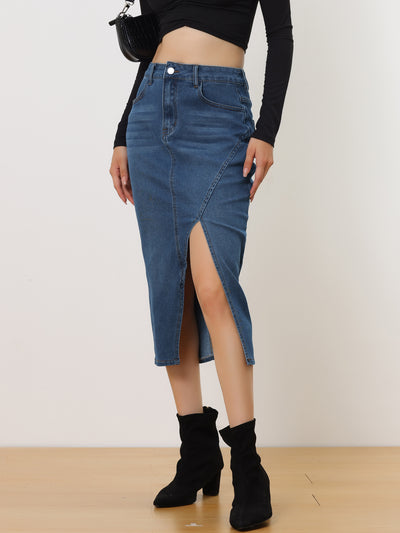 Women's Denim Skirt Casual High Waisted Front Slit Knee Length Jean Skirts