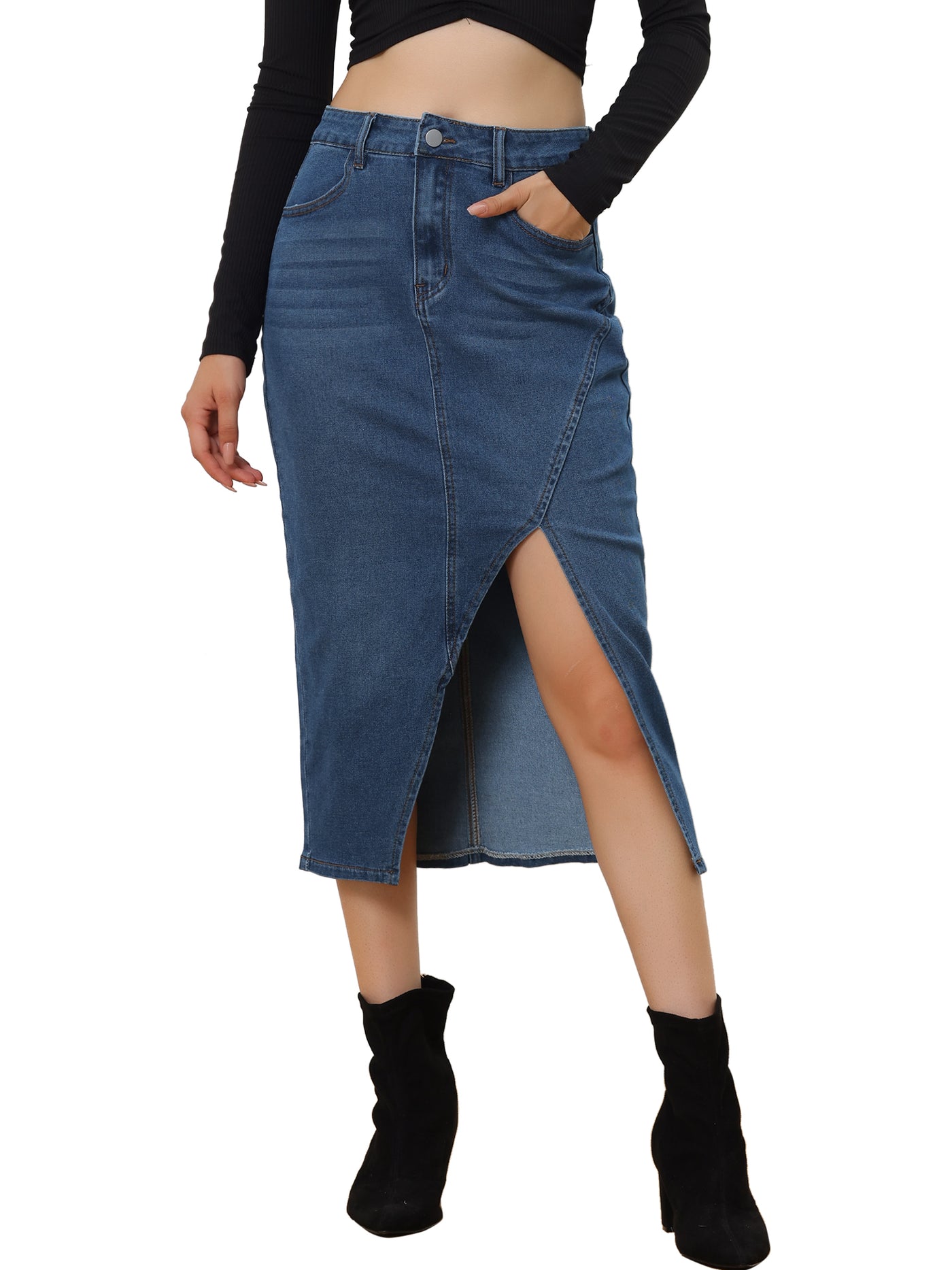 Allegra K Women's Denim Skirt Casual High Waisted Front Slit Knee Length Jean Skirts