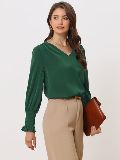 V Neck Shirred Bell Long Sleeve Casual Office Blouse