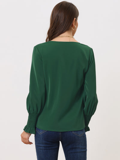 V Neck Shirred Bell Long Sleeve Casual Office Blouse
