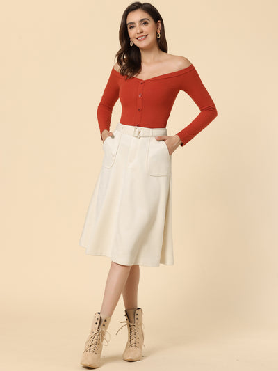Casual Faux Suede Pockets Stretch A-line Midi Skirt with Belt