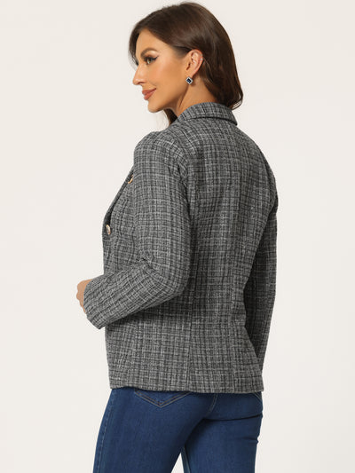 Elegant Plaid Jacket Long Sleeve Open Front Tweed Blazer
