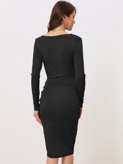Drawstring Ruched Front Square Neck Long Sleeve Knit Bodycon Dress