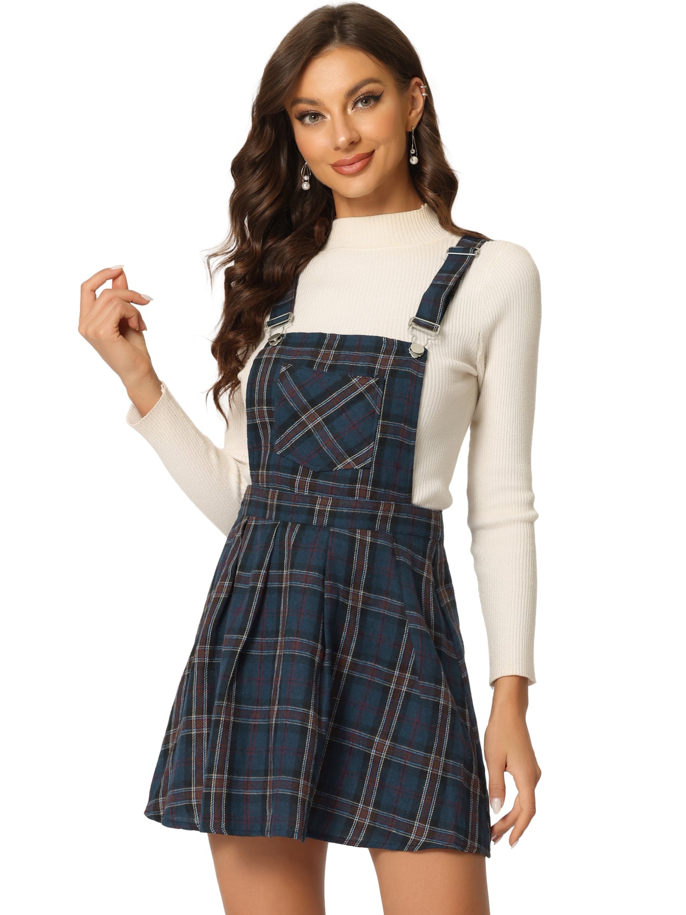 Allegra K Checks Adjustable Strap Pinafore Overall Dress Suspender Skirt