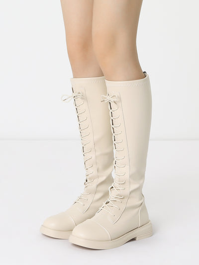 Lace Up Round Toe Flat Low Heel Knee High Boots