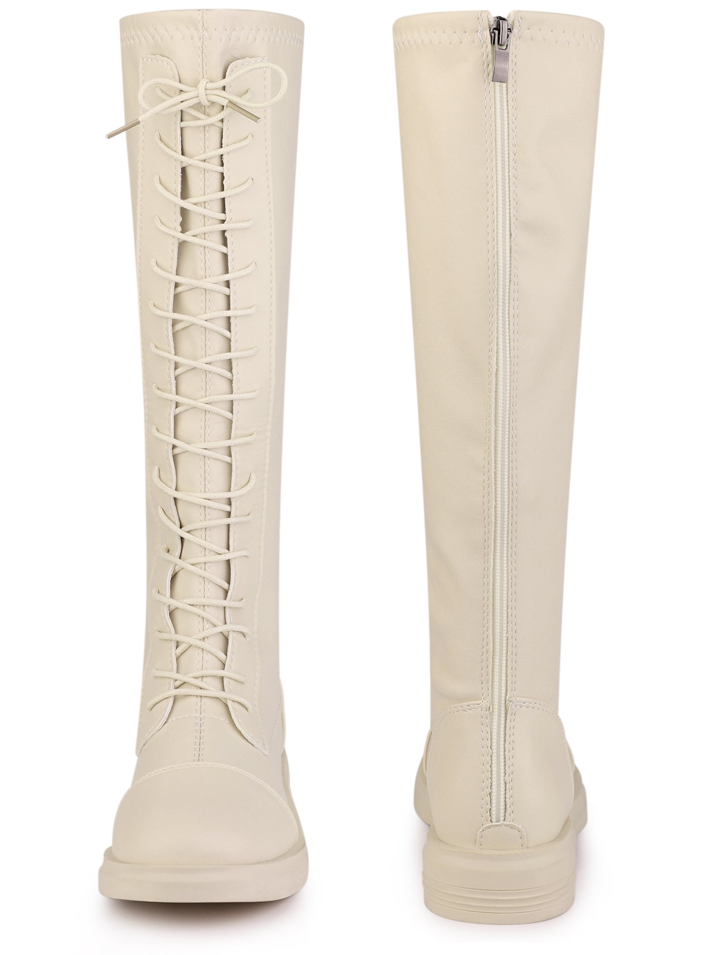 Allegra K Lace Up Round Toe Flat Low Heel Knee High Boots