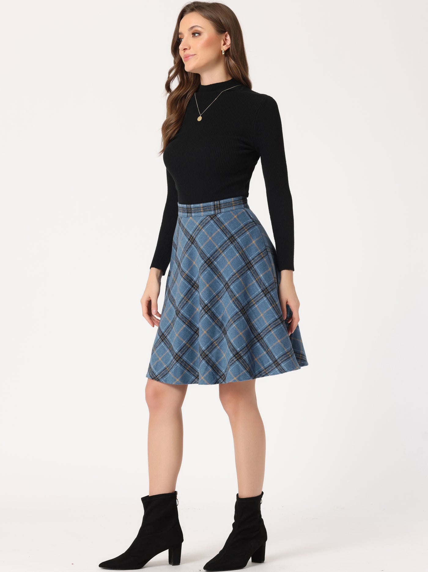 Allegra K Vintage Plaid Tartan Elastic Waist Knee Length A-Line Skirt