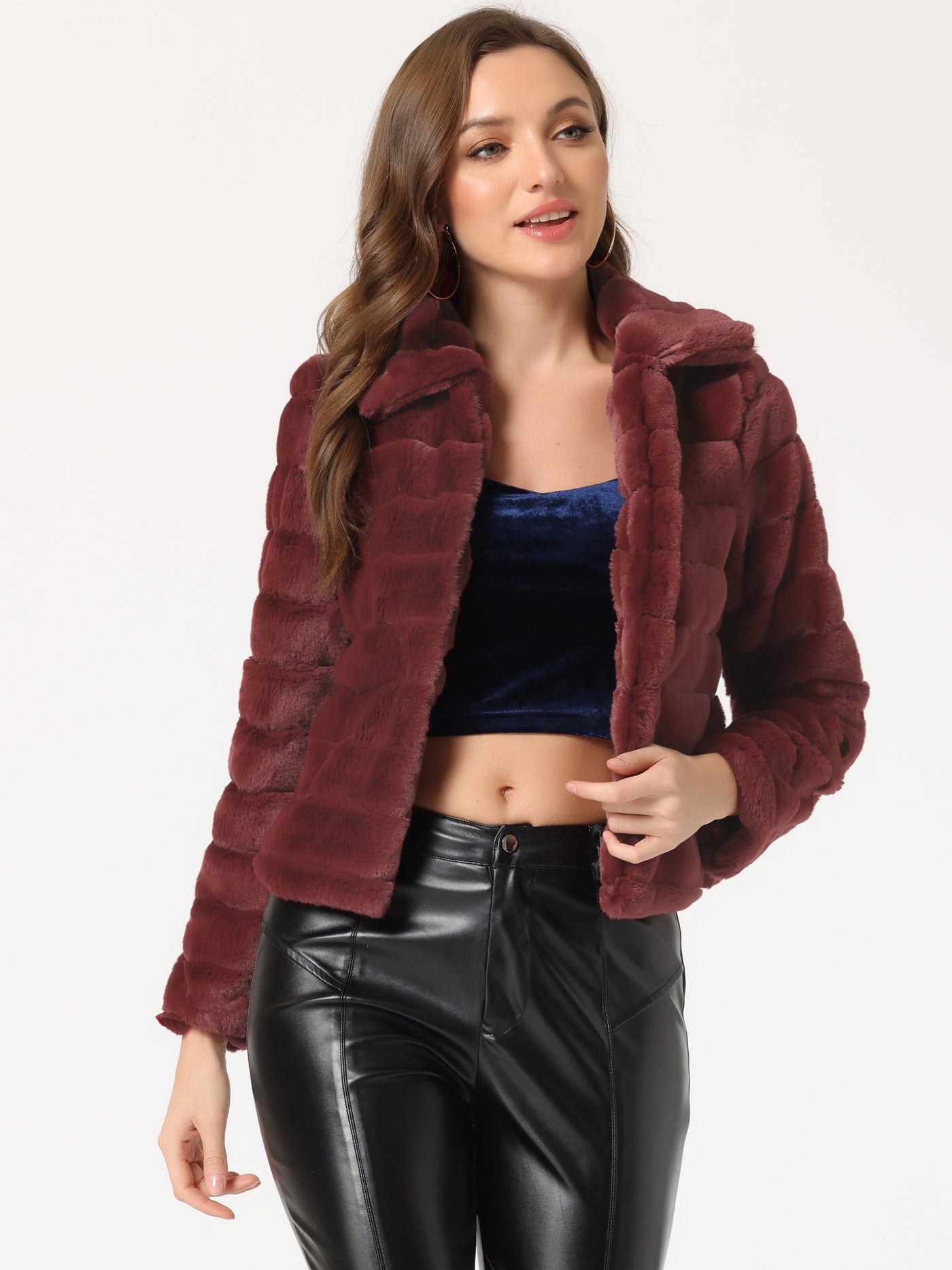 Allegra K Faux Fur Fluffy Coat Collar Warm Winter Outwear Cropped Jacket