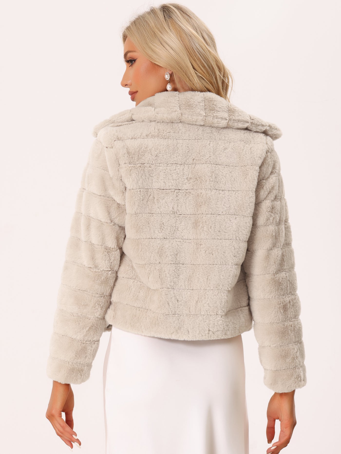 Allegra K Faux Fur Fluffy Coat Collar Warm Winter Outwear Cropped Jacket