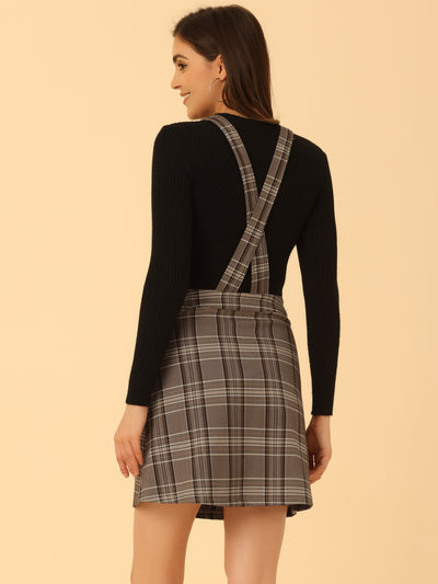 Adjustable Strap Above Knee Plaid Printed Overall Suspender Skirt