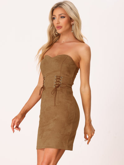 Faux Suede High Waist Lace-Up Strapless Tube Mini Dress