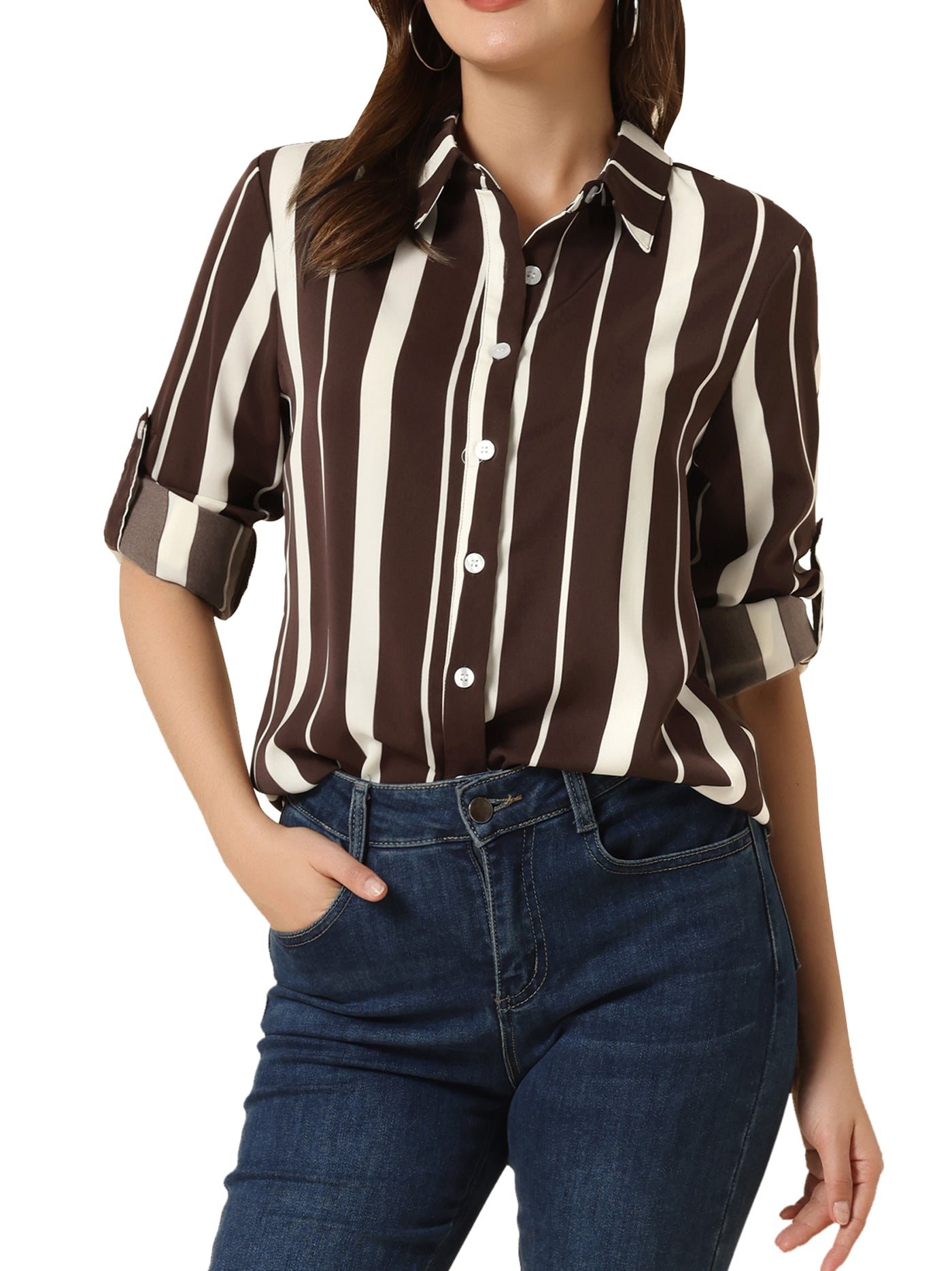 Allegra K Striped Button Down Roll-up Long Sleeve Point Collar Shirt
