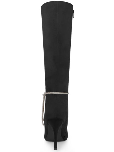 Rhinestone Crystal Chain Pointed Toe Stiletto Heel Knee High Boots