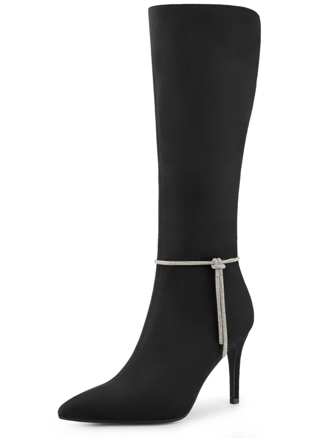 Allegra K Rhinestone Crystal Chain Pointed Toe Stiletto Heel Knee High Boots