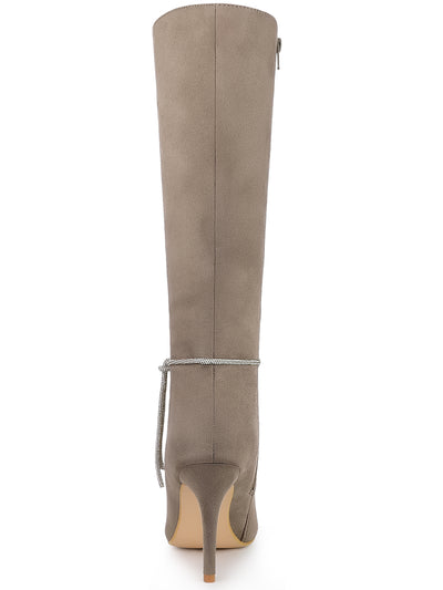 Rhinestone Crystal Chain Pointed Toe Stiletto Heel Knee High Boots