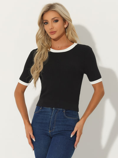 Casual Short Sleeve Color Block Knitted Crop Top