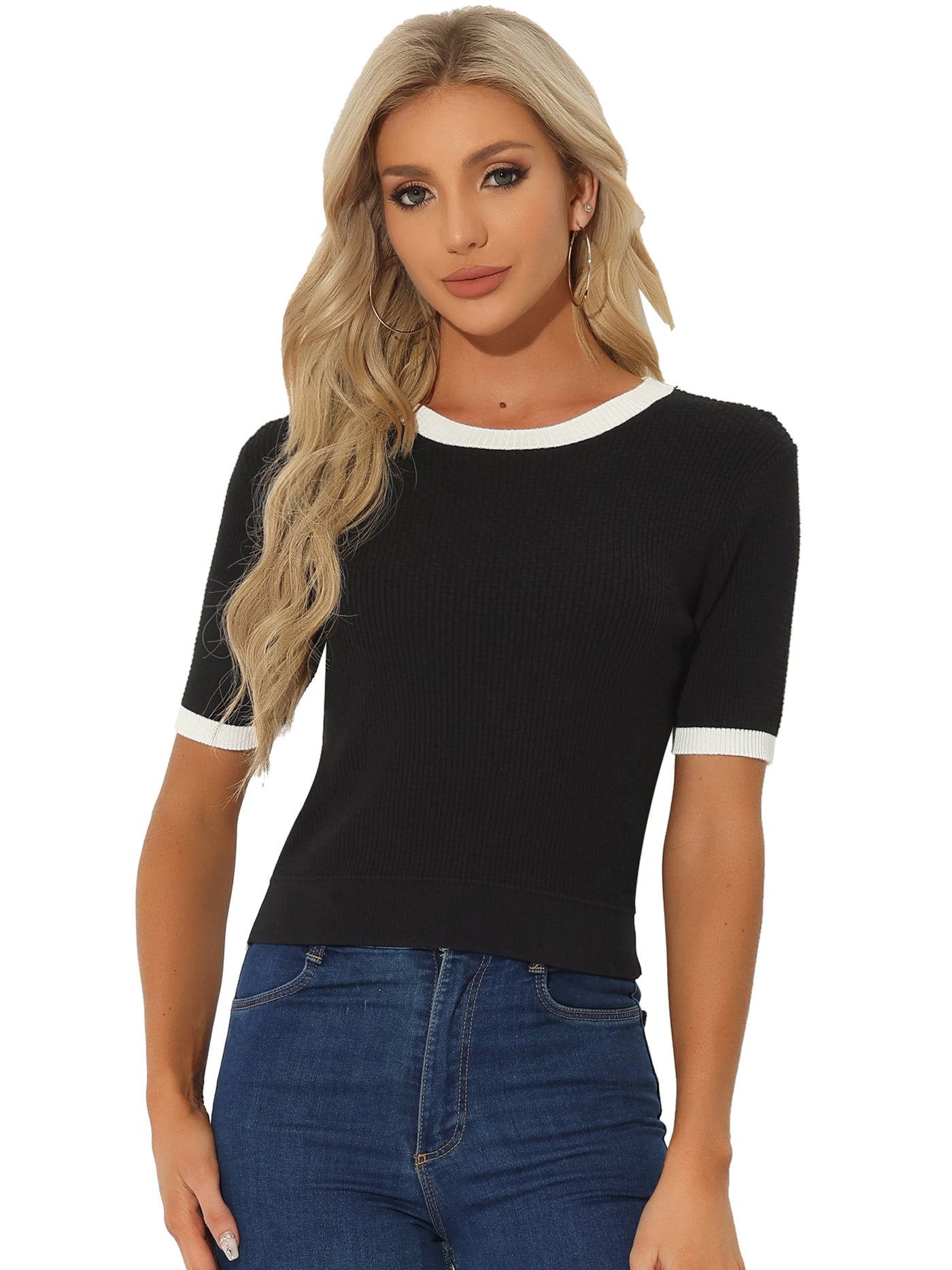 Allegra K Casual Short Sleeve Color Block Knitted Crop Top