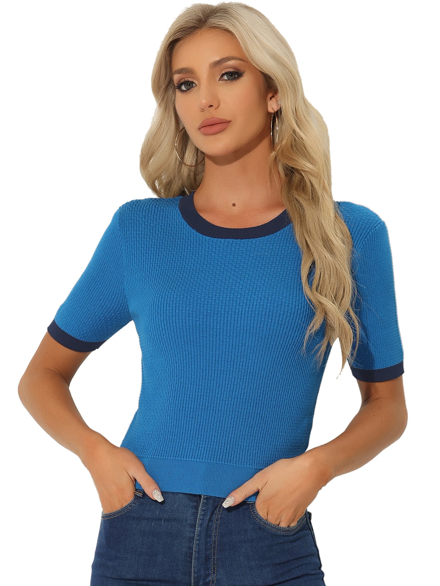 Allegra K Casual Short Sleeve Color Block Knitted Crop Top