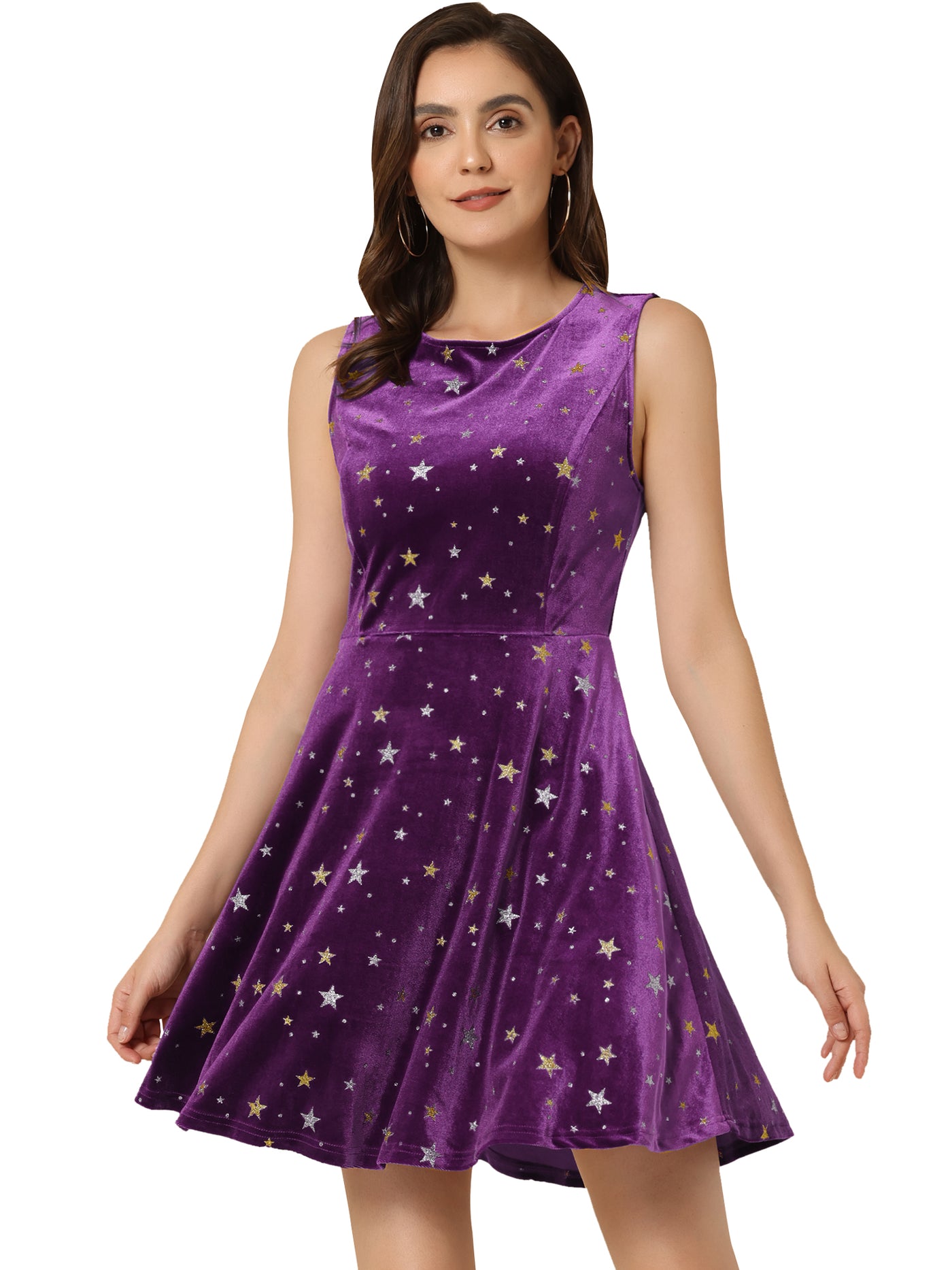 Allegra K Shiny Stars Print Sleeveless Swing Mini Velvet Dress