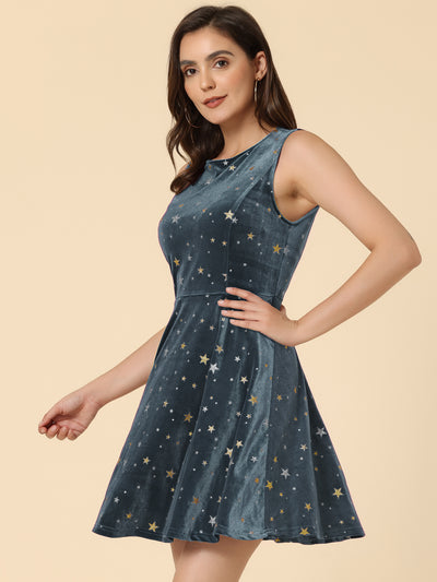 Shiny Stars Print Sleeveless Swing Mini Velvet Dress