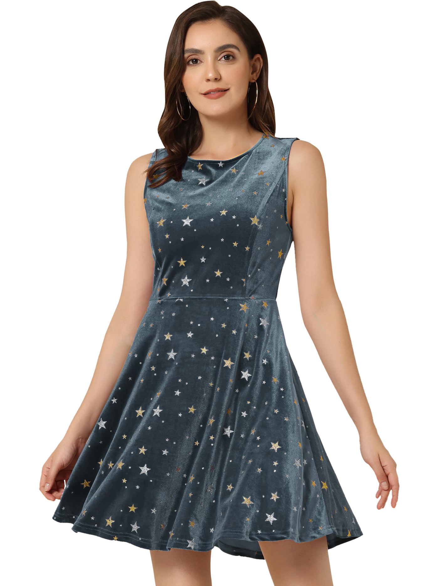 Allegra K Shiny Stars Print Sleeveless Swing Mini Velvet Dress