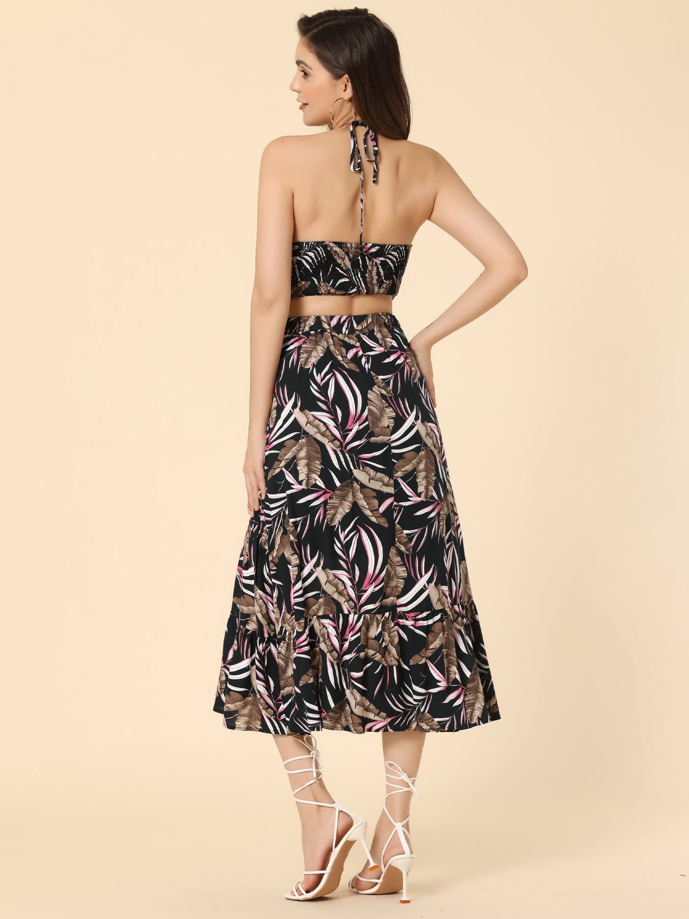 Allegra K Summer Floral Sundress Cutout Waist Tropical Midi Dress