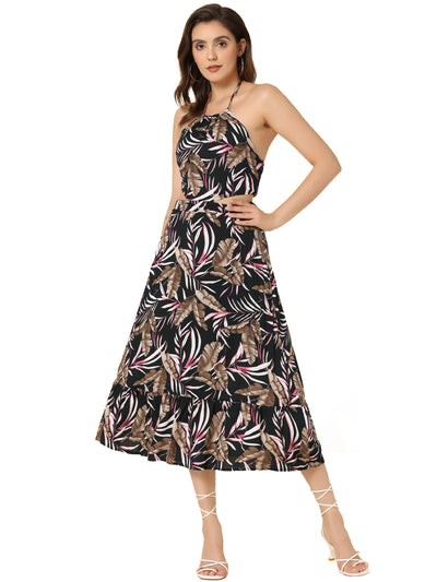 Summer Floral Sundress Cutout Waist Tropical Midi Dress