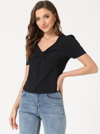 Sweetheart Neck Twist Knot Short Sleeve Ribbed Knit Crop Top