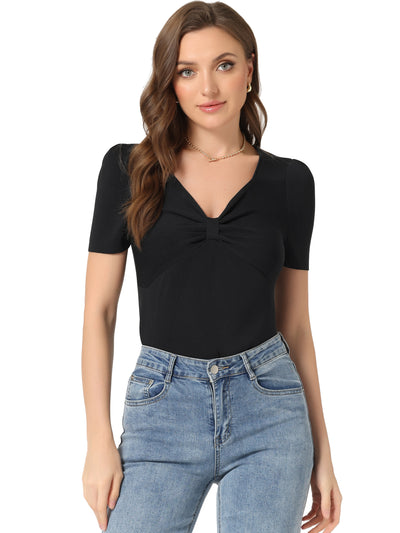 Sweetheart Neck Twist Knot Short Sleeve Ribbed Knit Crop Top