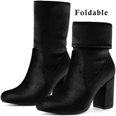 Round Toe Block Heel Foldable Mid Calf Faux Velvet Boots