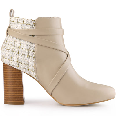 Plaid Pointed Toe Crisscross Strap Block Heel Ankle Boots