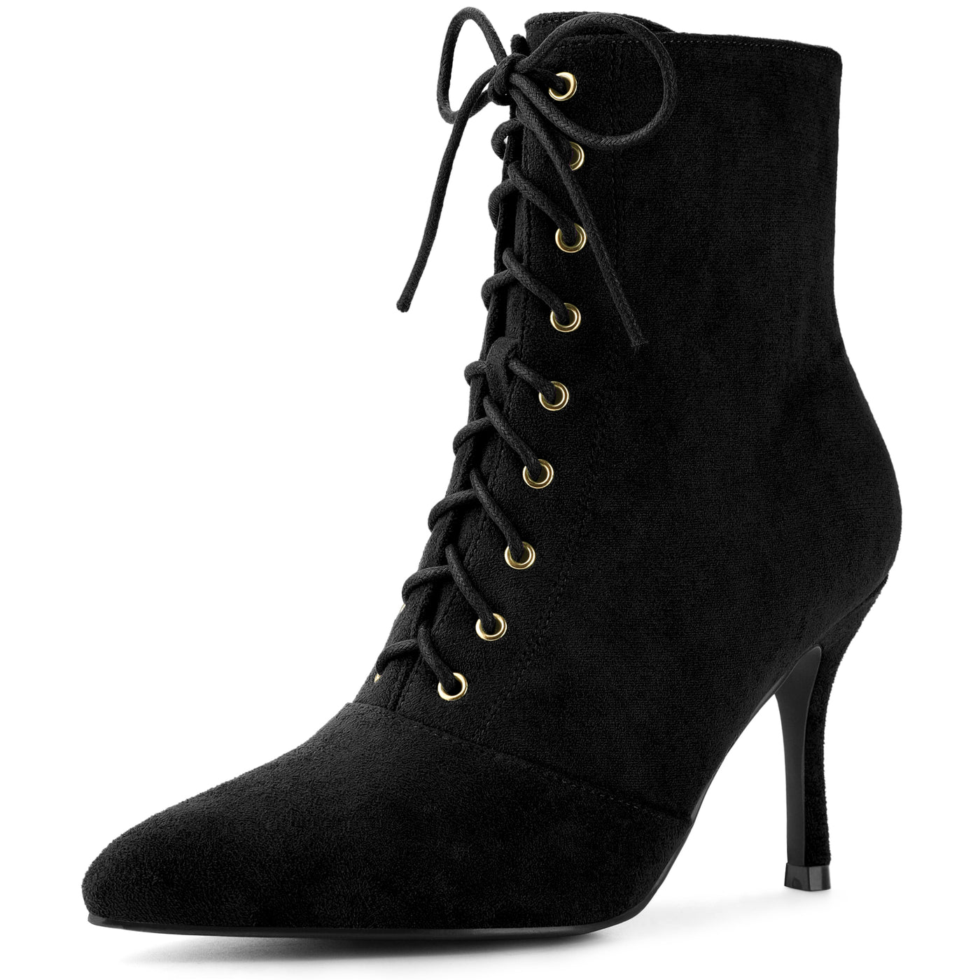 Allegra K Pointy Toe Lace Up Side Zip Stiletto Heel Ankle Boots