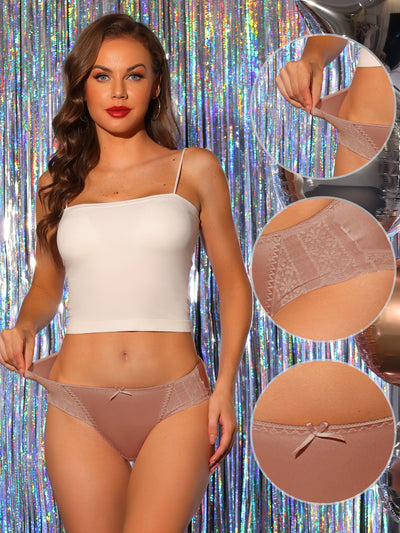 Women's Satin Mid-Rised Comfortable Brief Lace Trim Breathable Bikini Underwears