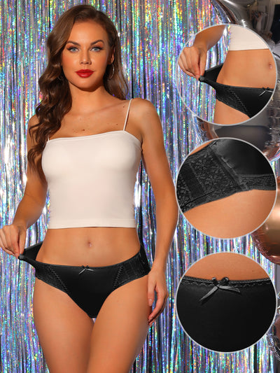 Women's Satin Mid-Rised Comfortable Brief Lace Trim Breathable Bikini Underwears