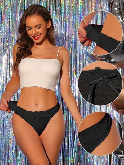 Women's Low-Rised Satin Bikini Panties Elastic Lace Waist Thongs Underwear