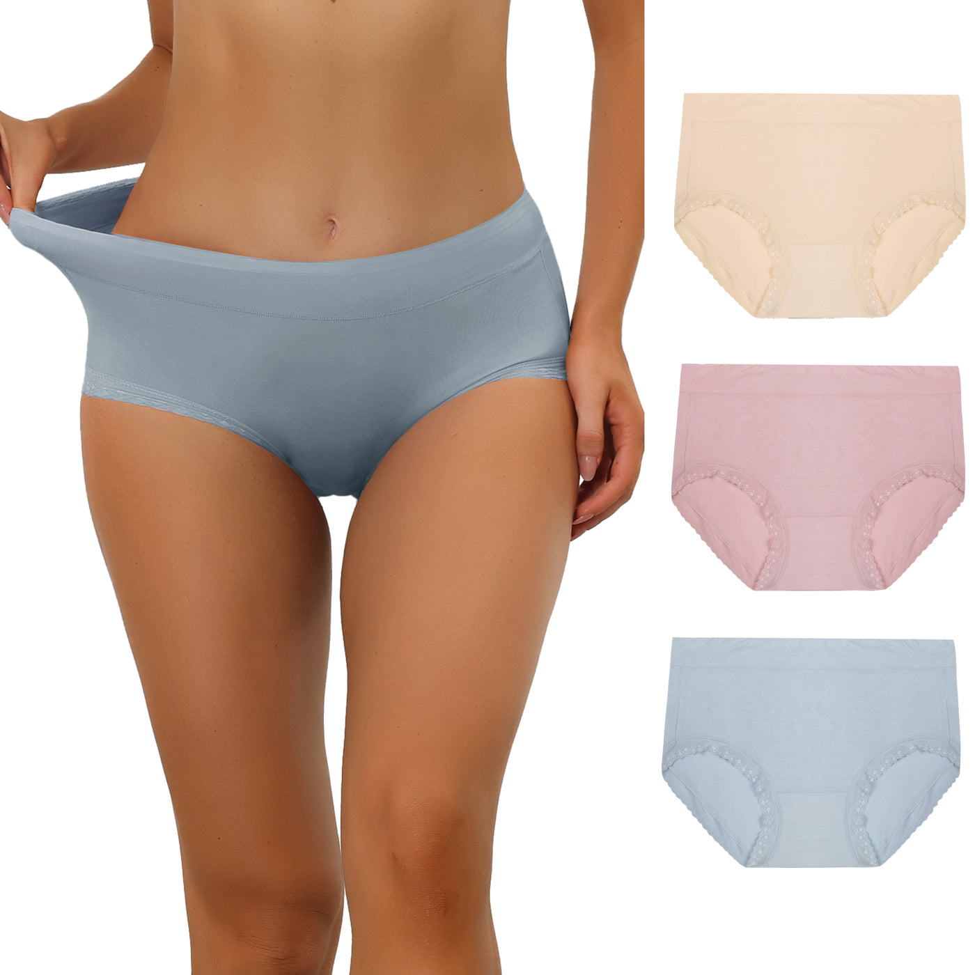 Allegra K Panties for Women Packs Mid-Rise Comfortable Underwear Mesh Trim Solid Brief