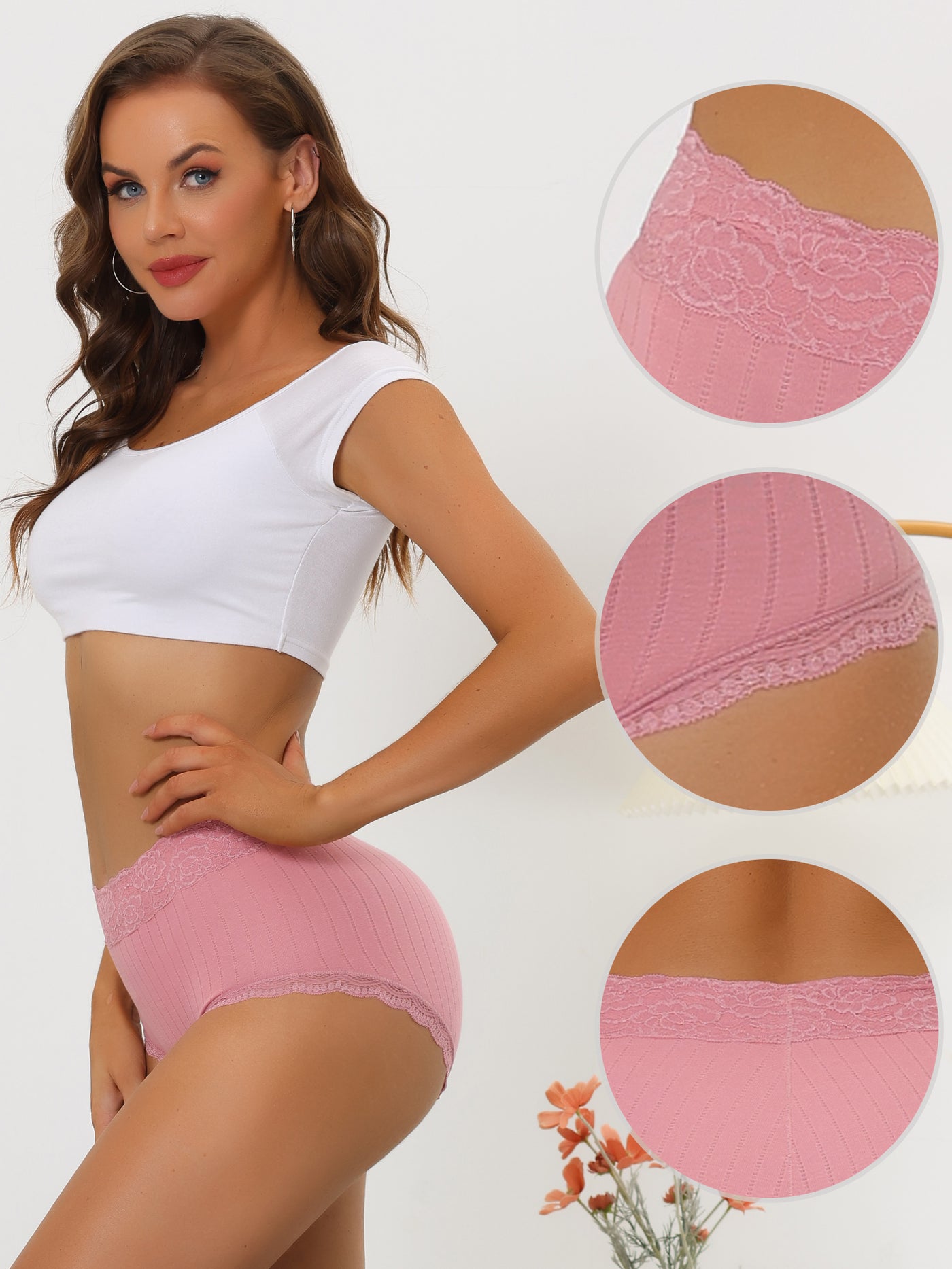 Allegra K Women's High Waist Underwear Tummy Control Comfortable Lace Trim Ribbed Panties