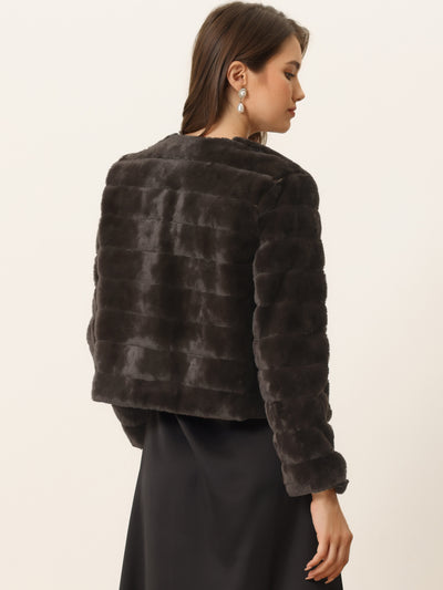 Winter Warm Cropped Jacket Collarless Faux Fur Fluffy Coat