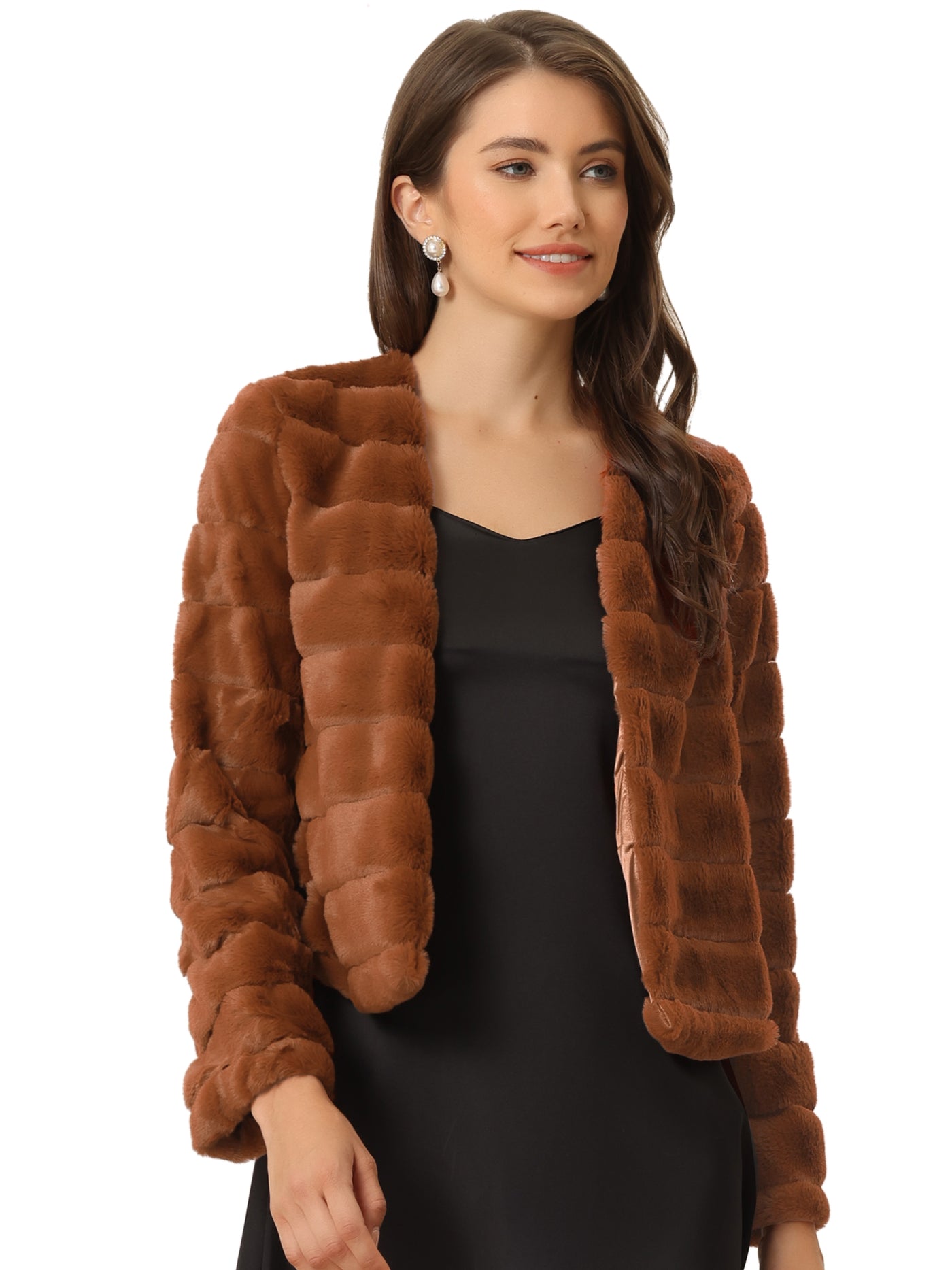 Allegra K Winter Warm Cropped Jacket Collarless Faux Fur Fluffy Coat