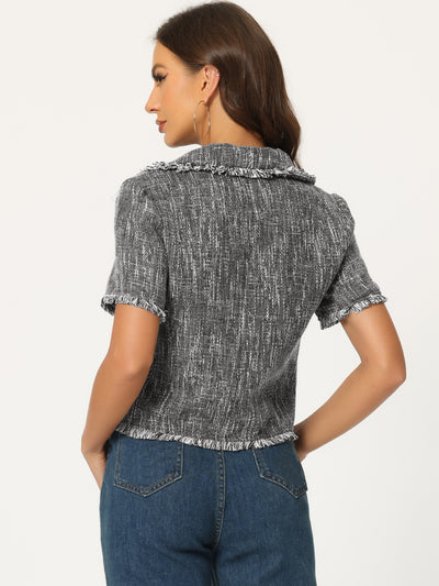 Tweed with Tassel Cropped Length Summer Short Sleeve Shirt